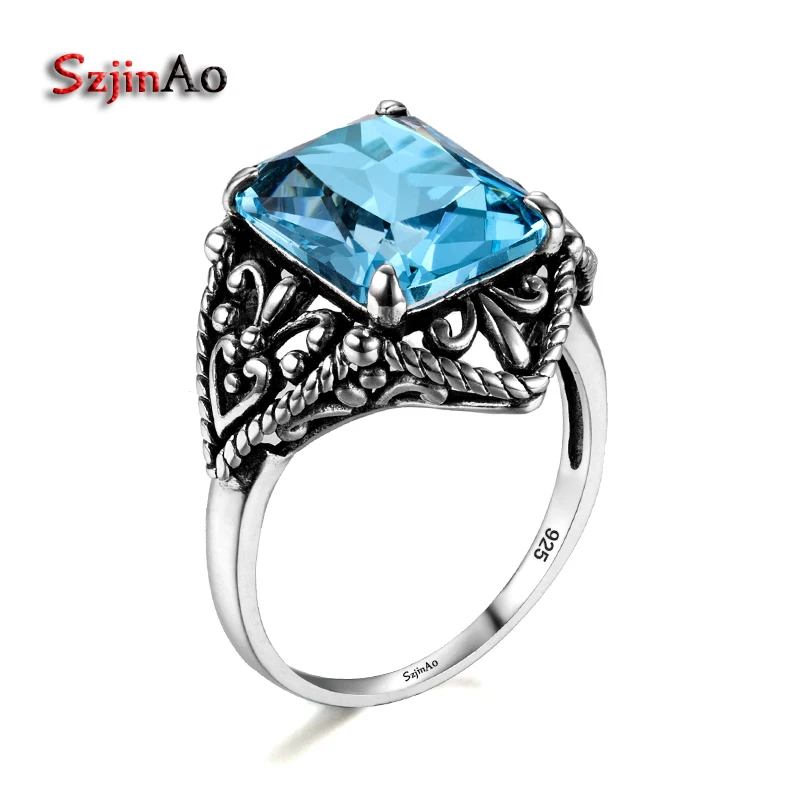 

Szjinao Vintage 100% Real 925 Sterling Silver Jewelry Aquamarine Punk Antique Solitaire Victoria Wieck Rings for Women Lovers