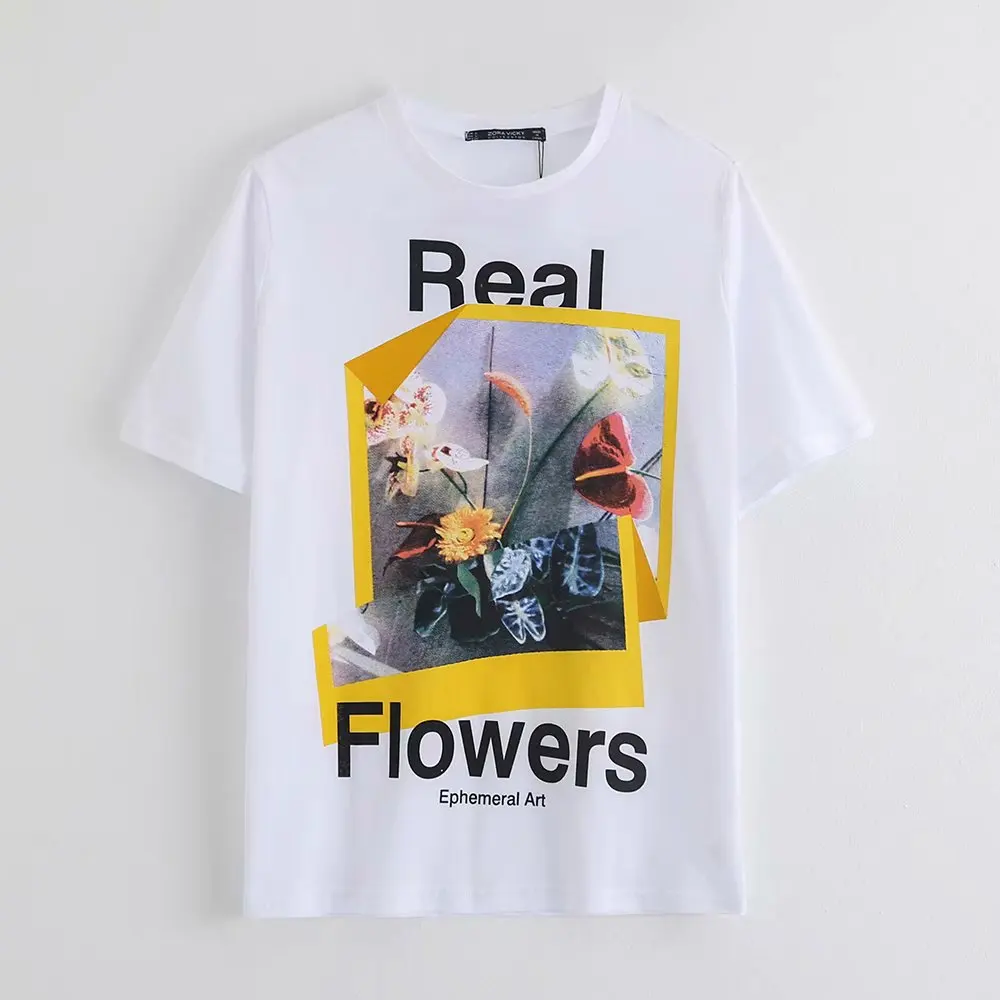 

New Fashion women o neck short sleeve flower print casual white T-Shirt Women leisure letters picture T-shirt Clothing T252