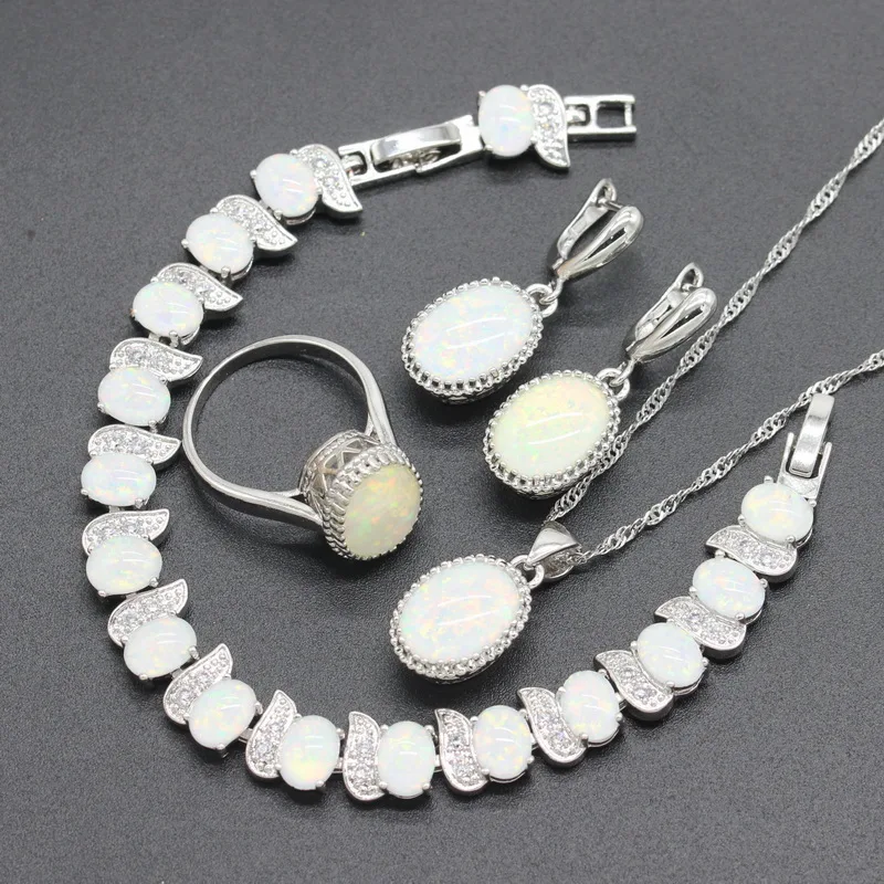 

White Opal Jewelry Sets for Women 925 Silver Necklace Pendant Bracelet Ring Earrings Wedding Bridal Jewelry Gift Box