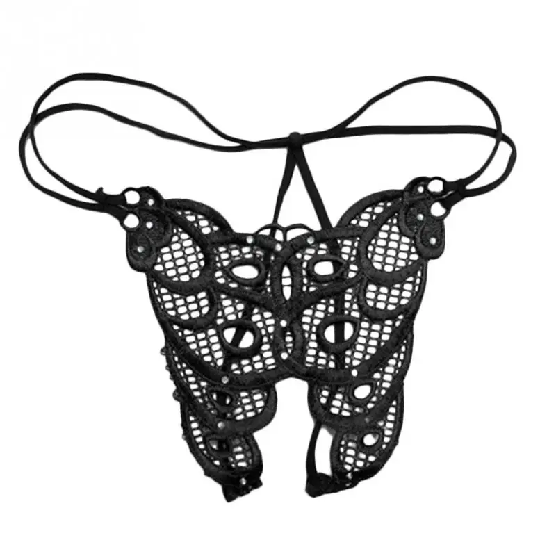 Сексуальное кружевное белье с бабочками, Женские Трусы-стринги с открытой промежностью, сексуальное женское эротическое нижнее белье - Цвет: Черный