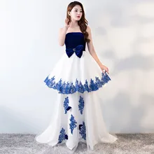 Китайское белое синее фарфоровое Элегантные платья знаменитостей без бретелек вечернее со шлейфом платье Восточный бант Женское Vestidos De Festa