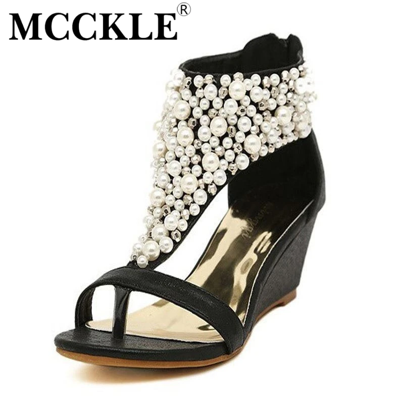 MCCKLE woman fashion New Summer open toe Rhinestone zipper pearl beaded wedges thong sandals women shoes