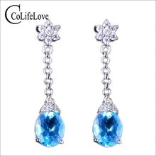 Ослепительный драгоценный камень серьги для вечерней вечеринки 6*8 мм 1.2ct Природный Голубой топаз Висячие серьги Твердые 925 серебряные серьги с топазами