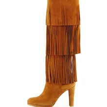 Новейший дизайн; коричневые замшевые сапоги на высоком толстом каблуке с бахромой; высокие сапоги до колена; зимние модельные сапоги; большие размеры