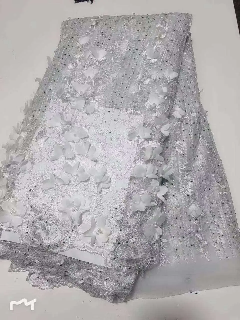 

2019 High quality 3D beads applique stereoscopic Swiss French net African voile tulle mesh lace fabric for dress 5yards