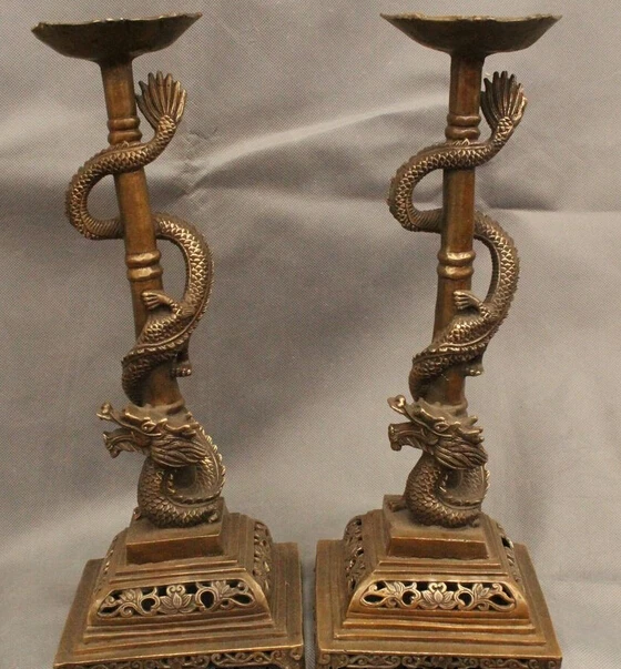 

wholesale factory 15" China Chinese Folk Bronze Dragon Statue Candle Holders Candlestick Pair