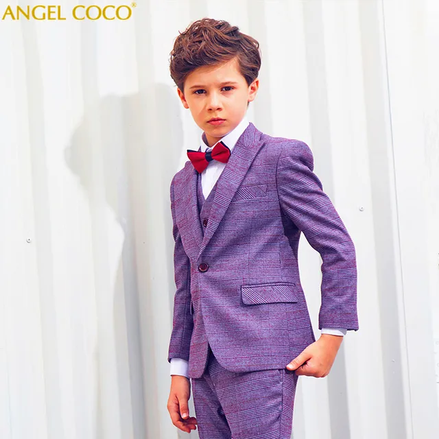 Purple 2018 New 5PCS Kids Plaid Wedding Blazer Suit Brand Flower Boys