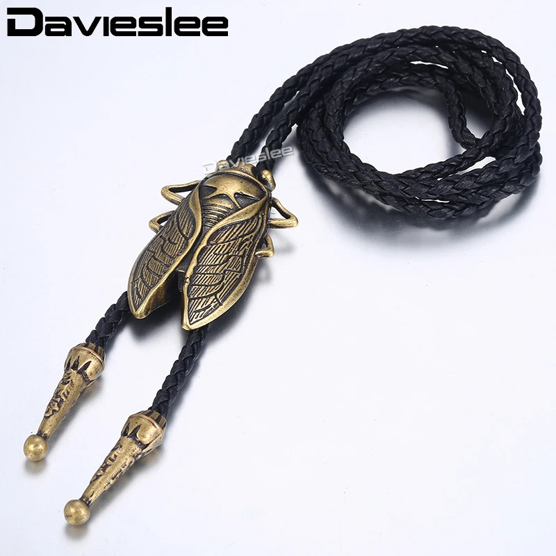 Davieslee ожерелье для мужчин женщин бронзовая Цикада Боло галстук кулон черная кожаная цепочка западный ковбой Регулируемый LUN125