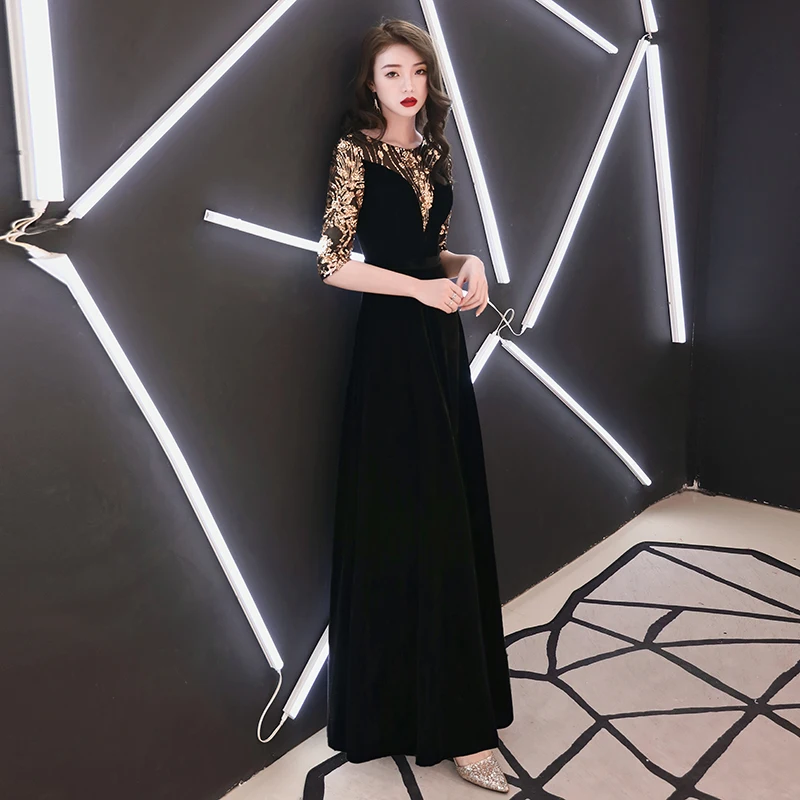 Robe de soiree черные велюровые вечерние платья с круглым вырезом Элегантные Бархатные