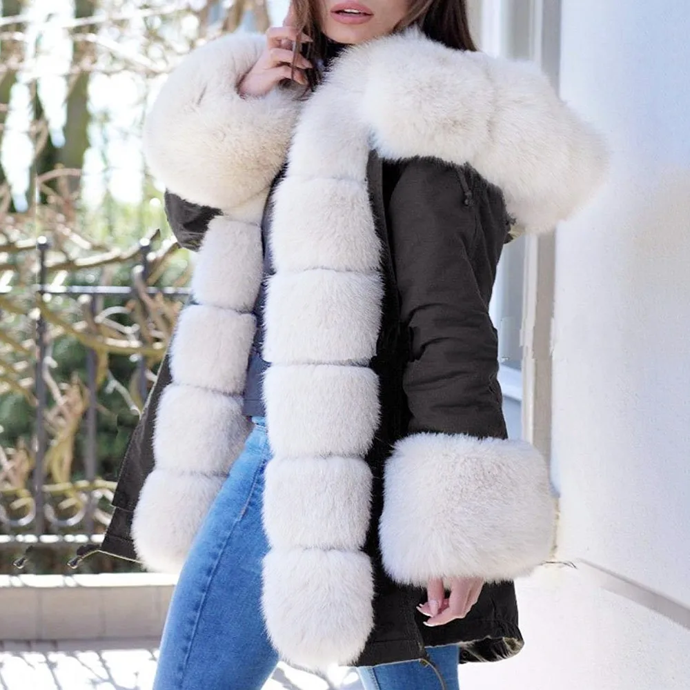 Зимние толстые теплые меховые женские шубы из искусственного меха, куртка с капюшоном и длинными рукавами, парка, пальто, модная уличная верхняя одежда, меховое пальто