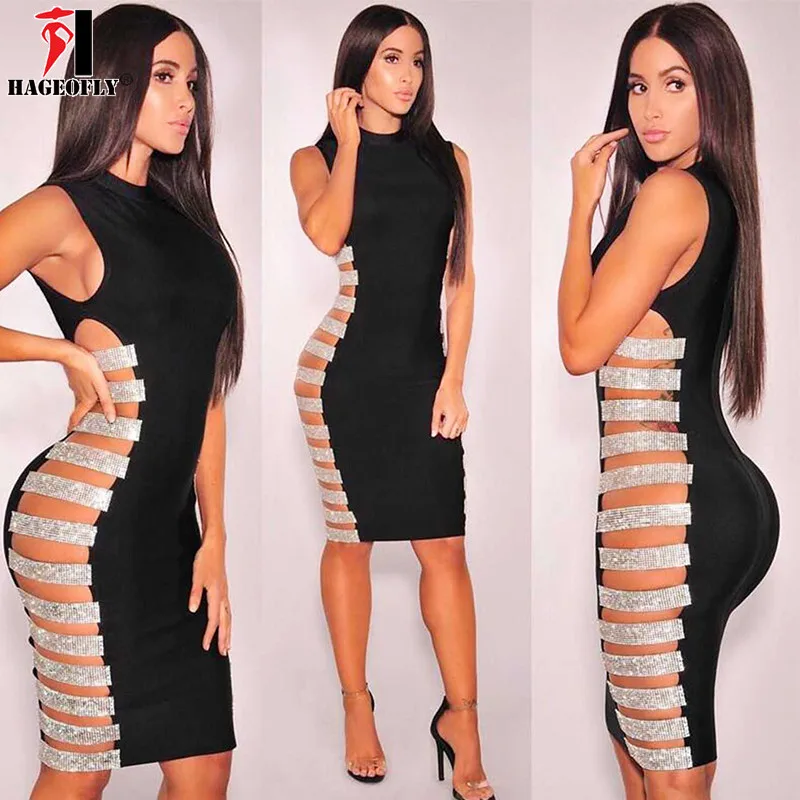 HAGEOFLY черный кофе без рукавов сексуальный район Бандажное платье с обеих сторон полый