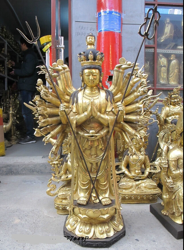 

49"Tibet Bronze gild gold Shakjamuni Buddha head 11 face Thousand-Hand Kwan-yin Statue Statue