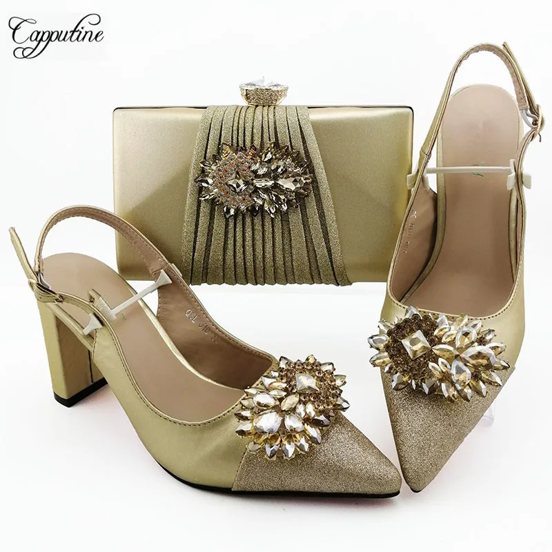 

Graceful gold pointed toe pump shoes matching with evening bag set for evening party QSL010 heel height 9cm