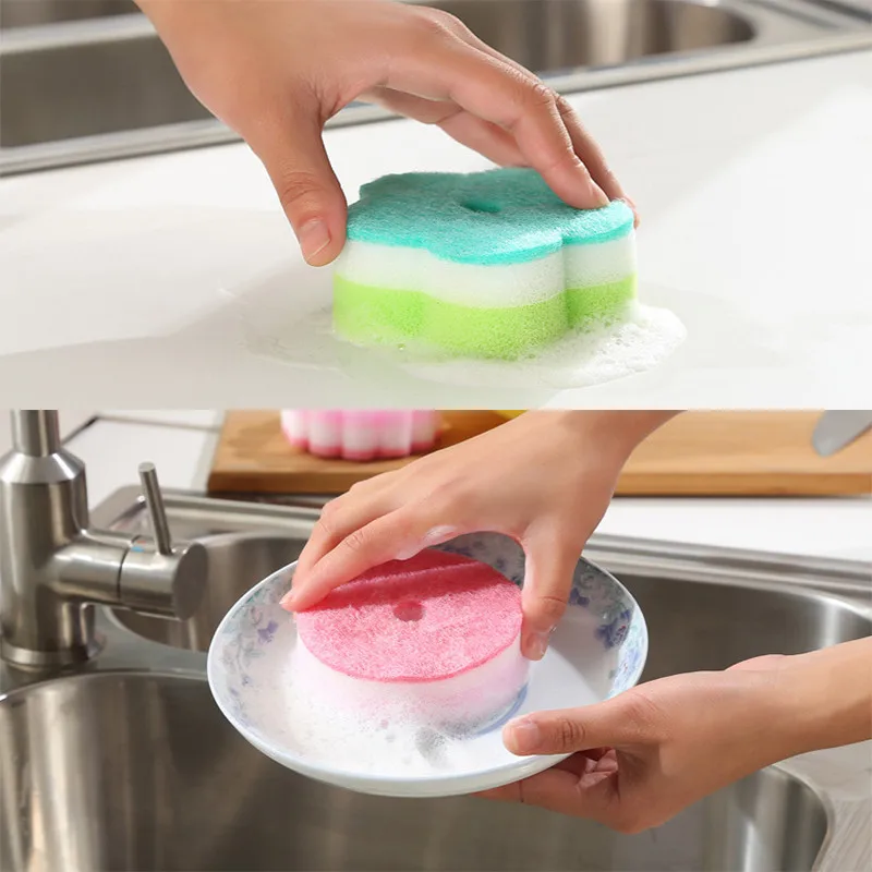 Sponges Scouring Pads 5pcs Flower Shape Sponge Brush Tableware Glass Wash Dishes Sponge Kitchen Home Cleaning Tool (1)