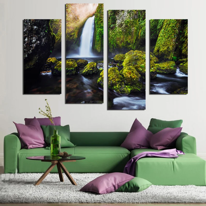 4 Panel Waterfall Painting Canvas Wall Art Picture Home Decoration For