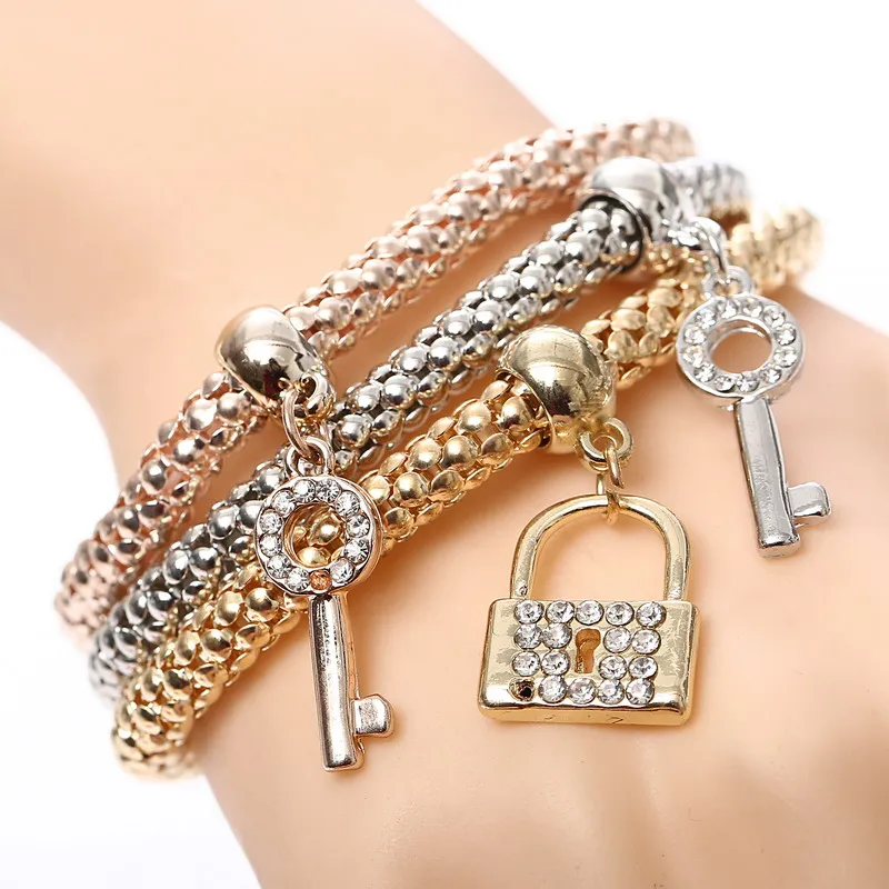 

MINHIN Hot Sale 3Pcs/Set Vintage Bracelet For Women Gold/Silver Plated Bracelet Pulseiras Special Key Lock Pendant Bracelet
