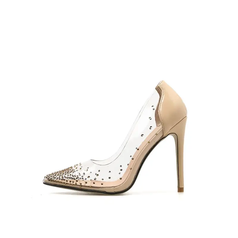 2019 sexy Rhinestone women’s pumps Red wedding shoes spring summer stilettos high-heeled PVC party dress femme shoes apricot 40