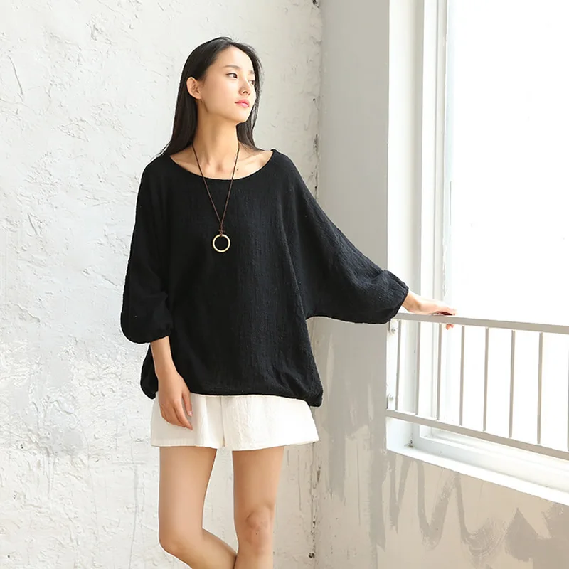 

OriGoods Plus size Blouse Women O-neck Summer Blouse Shirt Cotton Linen Vintage Blouse Solid Red Black Green White Shirts C024