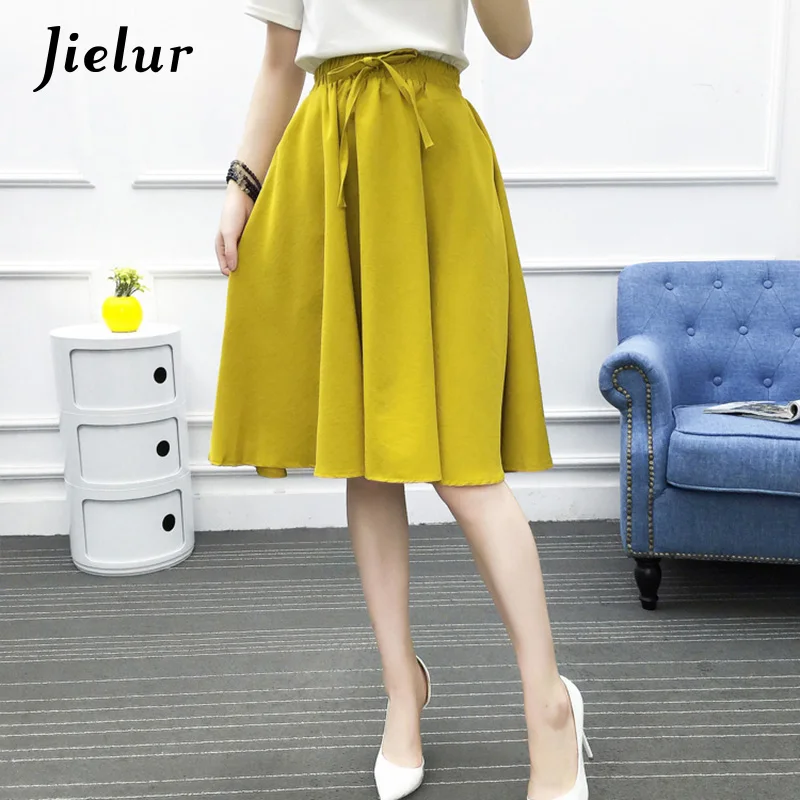 Jielur свежие одноцветные юбки трапециевидной формы со шнуровкой летние с высокой талией простые тонкие черные темно-синие желтые женские Юбки - Цвет: Цвет: желтый