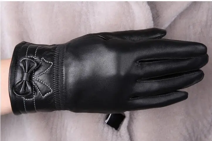Для женщин 100% из натуральной кожи плюс бархат черный лук толстые теплые перчатки Женская мода флис езда варежки Открытый Оптовая бренд
