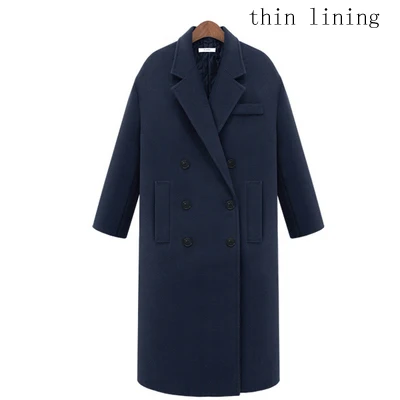 Новое поступление, зимнее шерстяное пальто для женщин, свободный кокон, утолщенное теплое шерстяное пальто, верхняя одежда, большой размер - Цвет: navy thin lining