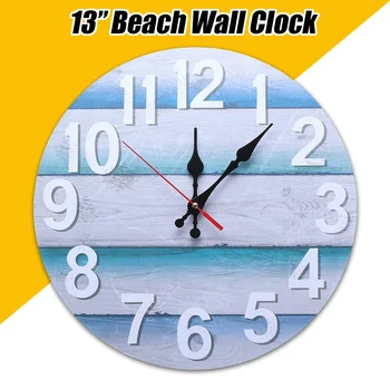 

13'' Vintage Beach Wall Clock Boards Ocean Blue Wooden Digital Clocks Silent Marine Home Living Room Decoration