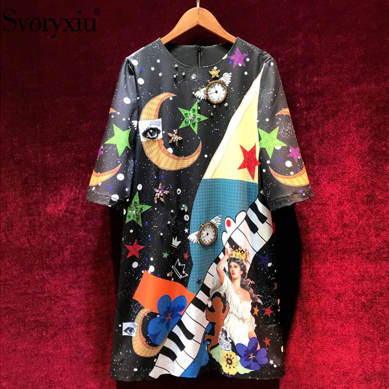 

Svoryxiu 2019 Fashion Starry Sky Angel Print Vintage Party Dress Women's luxury Beading Diamonds Runway Summer Loose Dresses
