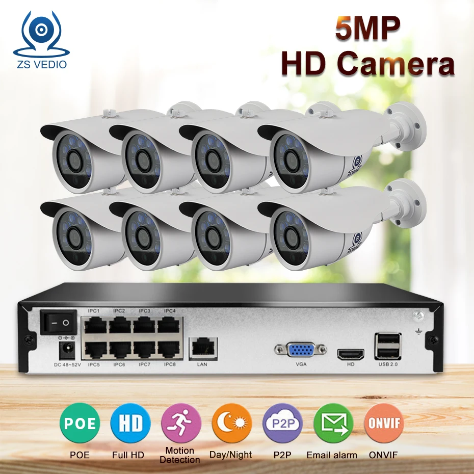 

ZSVEDIO 8CH POE 5.0MP IP Camera Kit 8CH NVR 6IR Night Vision CCTV Camera 48V P2P Outdoor Waterproof Onvif 2.4