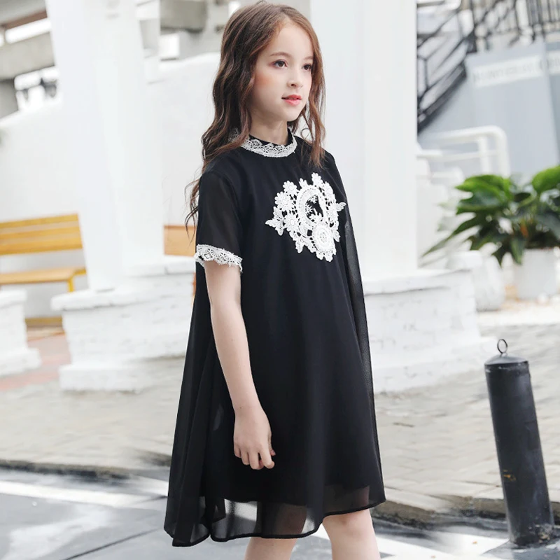 Шифоновое платье для девочек-подростков, летние платья для больших девочек, черное детское праздничное платье принцессы, размер 4567, 8, 9, 10, 11, 12, 14, 15 лет