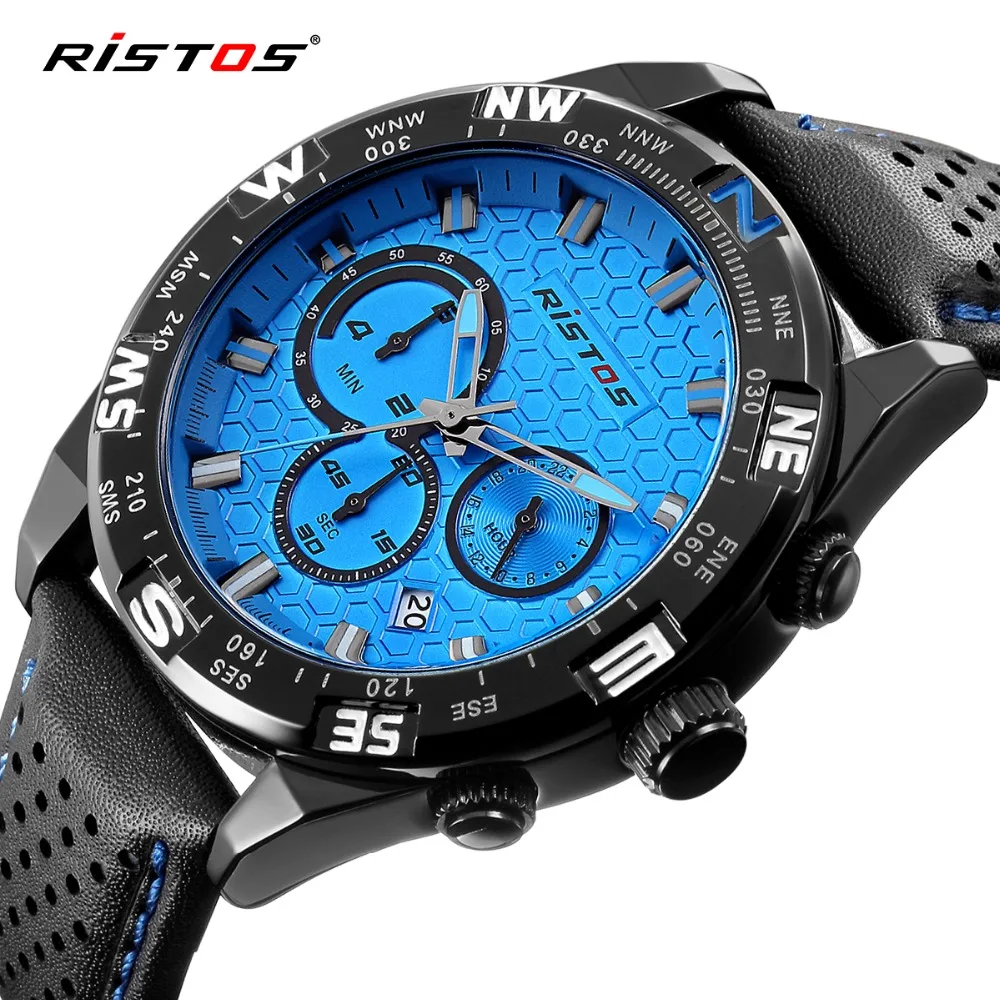 RISTOS New Fashion Sport Men Watch Chronograph Calendar Quartz Leather Watches Male Military Date Wrist Watch