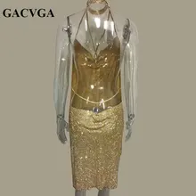 GACVGA 2017 Crystal Metal Halter Shining Summer Dress Women Beach Dress Sequin Mini Sexy Party Dresses Vestidos