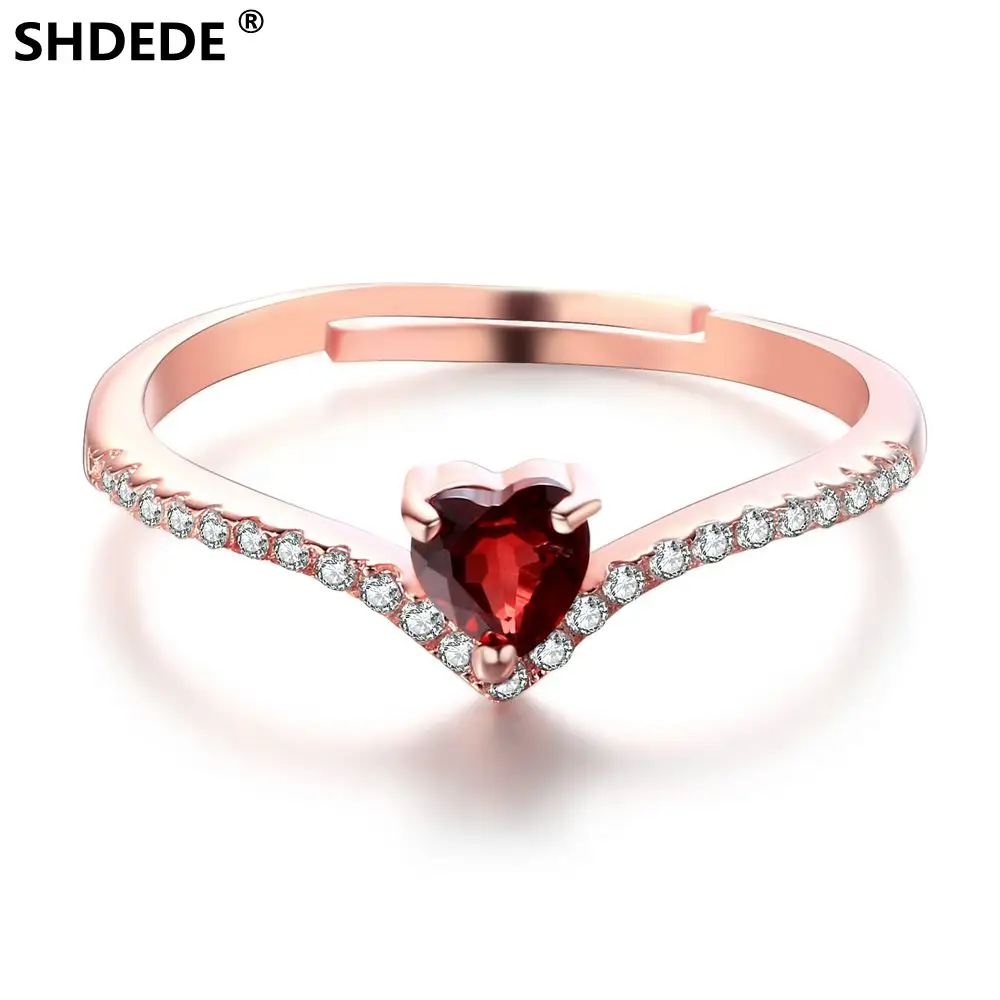 

SHDEDE 925 sterling silver jewelry creative red heart shaped Garnet Ring fashion accessories Fine Jewelry Engagement Rings