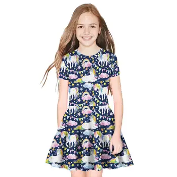 

Girl's O-neck Short Sleeve 3D Digital Print Knee Length A-line Summer Dresses Cool and Personality Rainbow Horses 3D Dresses