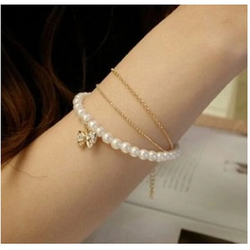 Korean fashion imitation pearl bracelet Ms. multilayer sweet lady bow