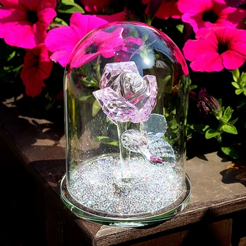 

H&D Crystal Pink Rose Flower Paperweight Glass Dome Flower Figurine Collectible Statue Gift Wedding Table Centerpiece Ornament