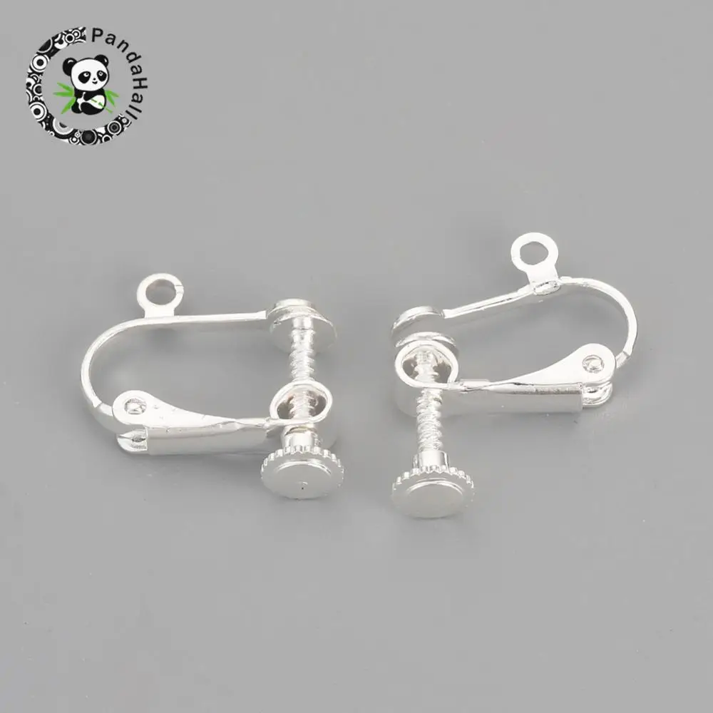 Brass Screw Clip on Earring Components, Silver, 15x17x5mm, Hole 1.5mm
