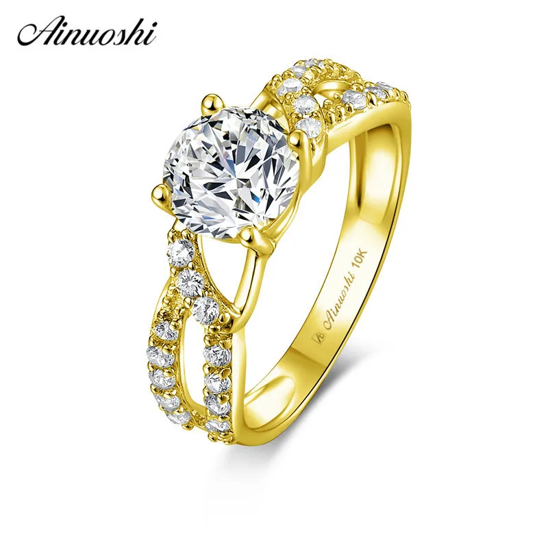 

AINUOSHI 10k Solid Yellow Gold Ring 1.25 ct Round Cut SONA Diamond Woman Wedding Engagement bijoux 2 Rows Hollowed Bridal Band