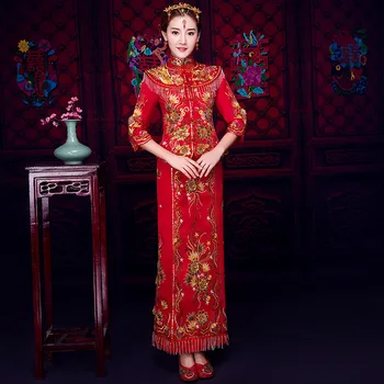 

2PCS Women Toast Clothing Qipao Vintage Embroidery Formal Wedding Dress Oriental Female Marriage Dragon&Phoenix Slim Cheongsam