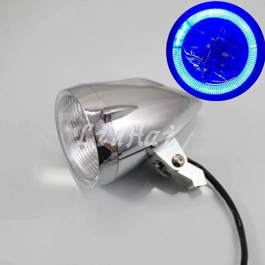 Motorcycle Chrome LED Bullet Headlight With Blue Angel Eyes Light For