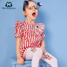 MiniBalabala/платье с короткими рукавами и оборками для девочек; г.; Мягкое хлопковое детское платье в полоску с аппликацией для девочек