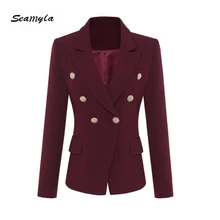 Seamyla Женское пальто Модная Золотая пуговица двубортная куртка с показа длинный рукав элегантное пурпурно-красное пальто