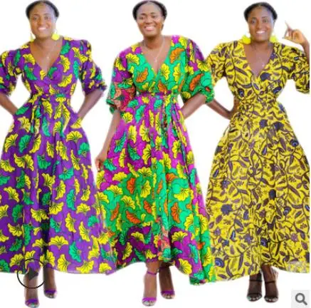 

2019 African women's fashion printed shuttle skirt with petal sleeves and deep V waist dress with African national style