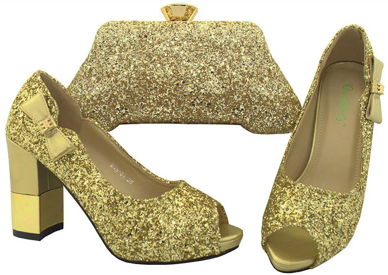 

Gold Color Italian Ladies Shoes and Bag Set Decorated bowknot Nigerian Party Shoe and Bag Sets High Quality African Shoe