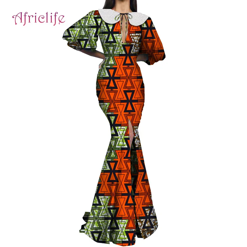Африканские платья женские длинные вечерние платья традиционный Африканский узор с пышными рукавами воротник в виде бабочки Базен Riche