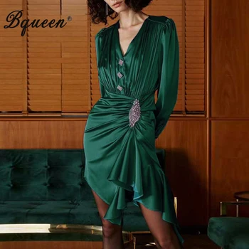 

Bqueen 2019 New Arrival Long Sleeve Deep V Neck Slim Casual Irregular Dress With Bow Lady Fashion Elegant Party Mini Dress