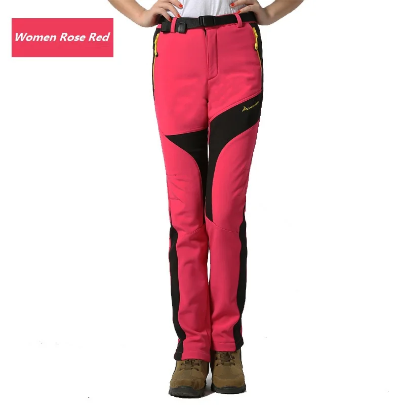 Женские зимние уличные водонепроницаемые походные брюки, ветрозащитные тепловые флисовые брюки для кемпинга, лыжного спорта, кемпинга, альпинизма - Цвет: Women Rose Red