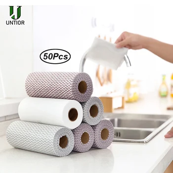 

UNTIOR 50Pcs/roll Non-woven Kitchen Cleaning Cloth Disposable Rag Wiping Scouring Pad Absorbent Dishcloth Bathroom Washing Cloth