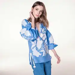 2019 Для женщин Blusas длинные Фонари рукавом v-образным вырезом Ленточки льняные Топы Роскошная роза вышитая блузка украинские блузки рубашки