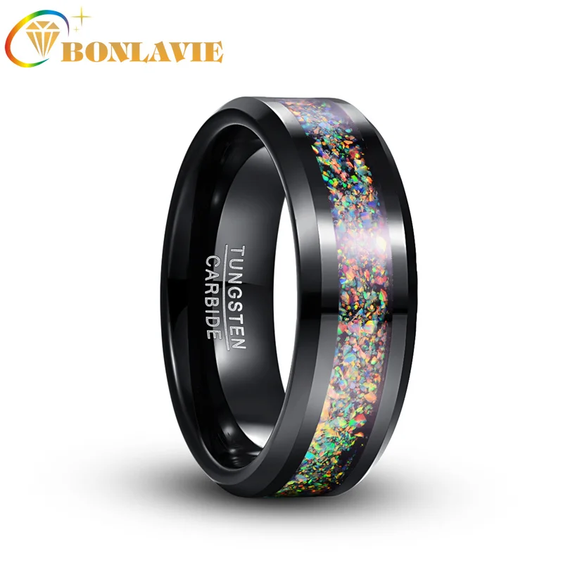 8mm Colorful Inlaid Real Broken Opel Tungsten Steel Ring for Men