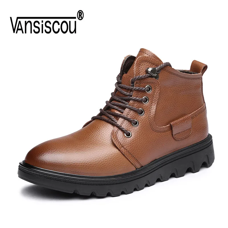 

VANSISCOU Winter Men Snow Boots Genuine Leather Boots Shoe Male Plush Warm leather ankle boots men Riding Boots